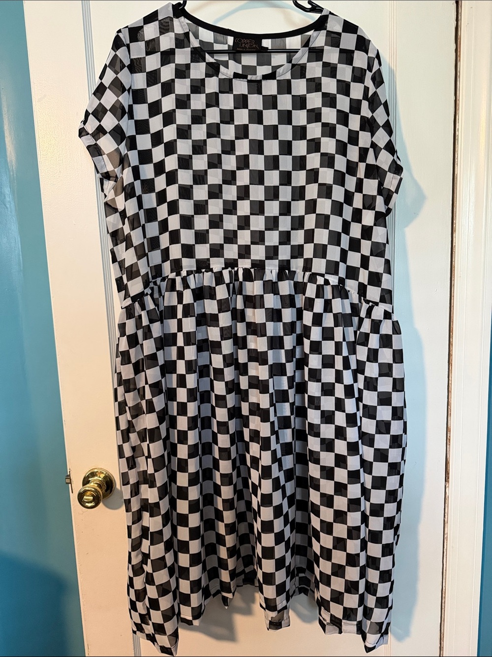 Black and White Checkered Midi Dress with Relaxed Tiered Skirt
